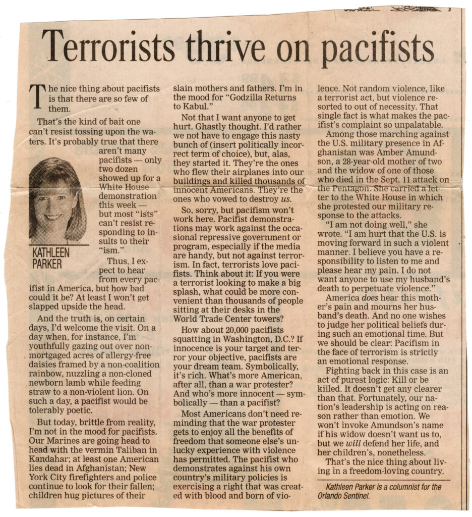 Scan of syndicated column by Kathleen Parker of the Orlando Sentinel, titled "Terrorists Thrive on Pacifists."